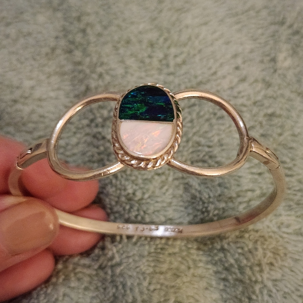 Taxco Silver Bracelet with Green and White Opal Accents